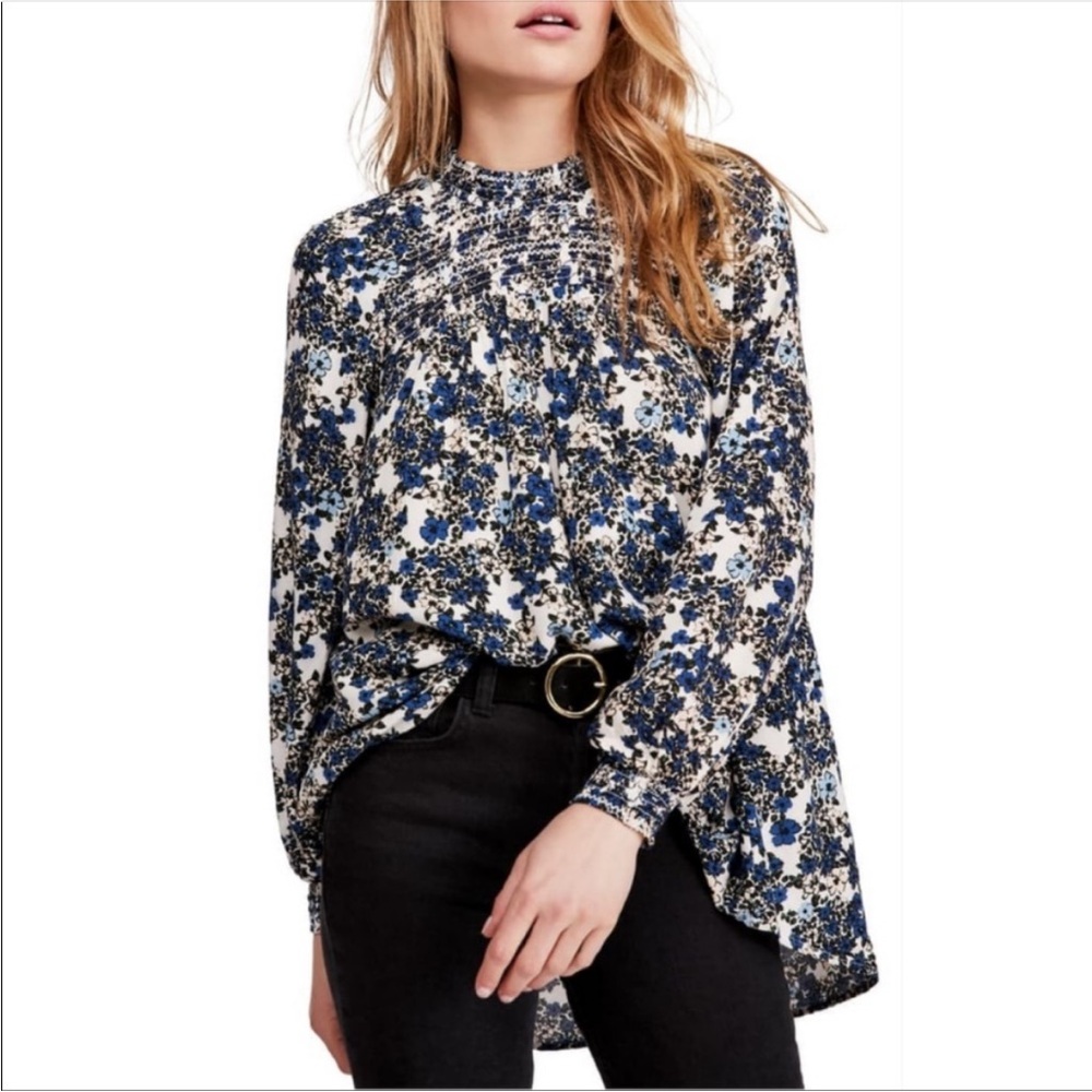 Free People Flowers in Her Hair boho floral blue cream tunic top flowy Small
